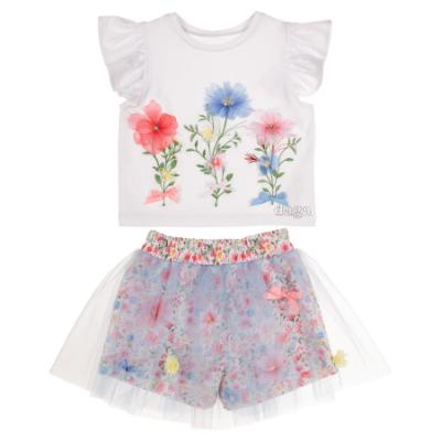 Picture of PRE ORDER Daga Girls Flowers Applique Top & Tulle Skort Set X 2 - White Pink Blue 