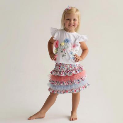 Picture of PRE ORDER Daga Girls Flowers Applique Top & Ruffle Skirt Set X 2 - White Pink Blue 