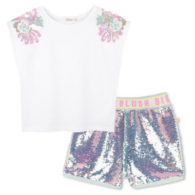 Picture of Billieblush Girls Embellished T-shirt & Sequin Logo Shorts Set - White Blue