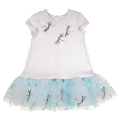 Picture of Daga Girls Dragonflies Tulle Hem Drop Waist Dress  - White Blue