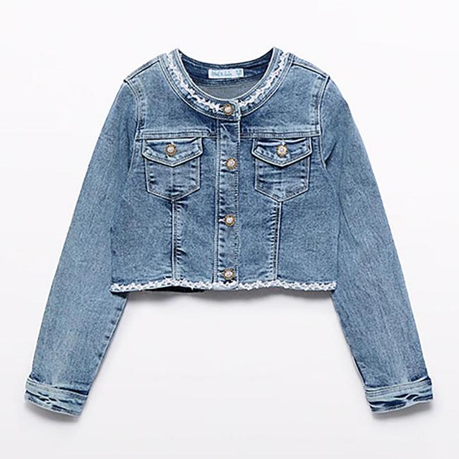 Picture of Abel & Lula Girls Denim Jacket With Tulle Bow - Bleached Blue Denim