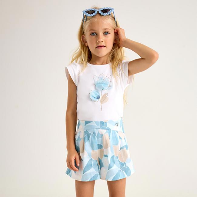 Picture of Mayoral Girls Summer Ruffle Top & Poplin Shorts Set X 2 - Blue Beige