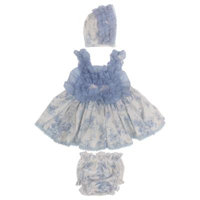 Picture of Ela Confeccion Girls Claudia Dress Panties Bonnet Set X 3 - Pale Blue