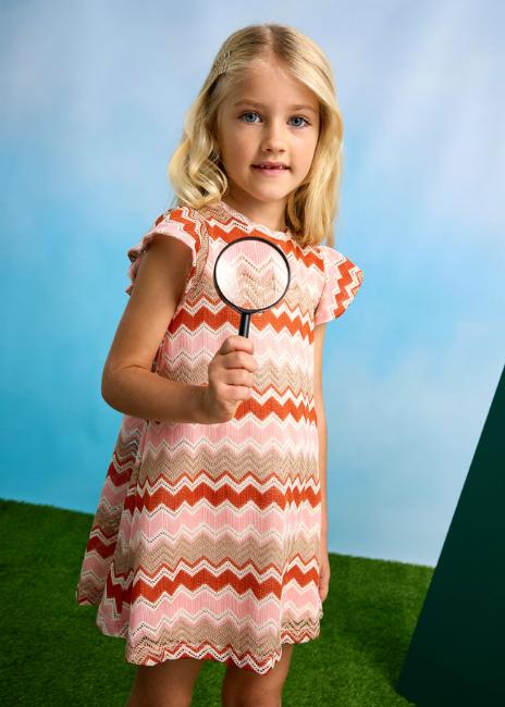 Picture of Mayoral Girls Summer Ruffle Sleeve Zig Zag A Line Dress - Salmon Pink