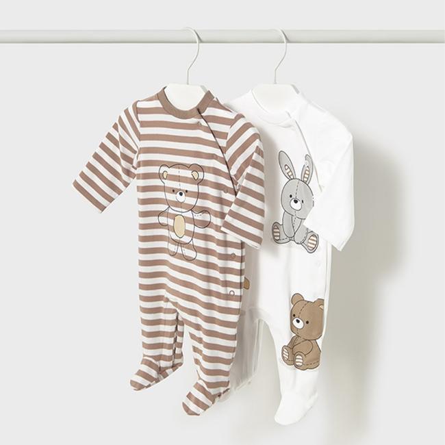 Picture of Mayoral Newborn Boys Teddy & Bunny 2 Piece Front Opening Babygrow Set - Beige