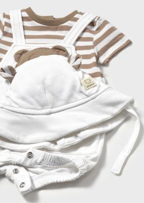 Picture of Mayoral Newborn Boys Teddy Dungaree & Hat Set - White Beige