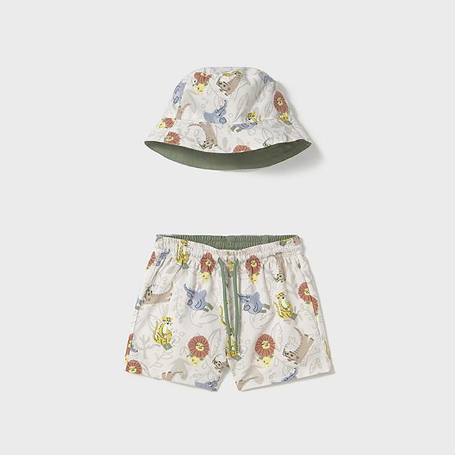 Picture of PRE ORDER Mayoral Boys Summer Swim Shorts & Reversible Sunhat Set  X 2 - Cream Khaki