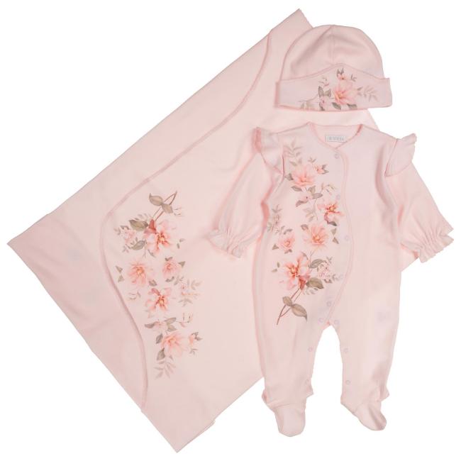 Picture of Sofija Baby Agnes Babygrow Hat Swaddle Set x 3 - Pink Floral