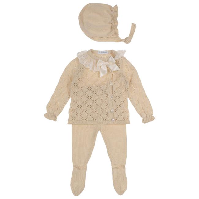 Picture of Juliana Baby Girls Knitted Lace Top Legging & Bonnet Set X 3 - Beige