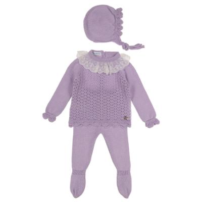 Picture of Juliana Baby Girls Knitted Lace Top Legging & Bonnet Set X 3 - Lilac