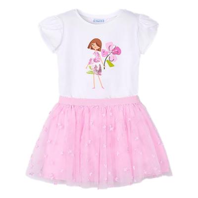 Picture of Mayoral Girls Summer T-shirt & Tulle Skirt Set X 2 - White Malva Pink