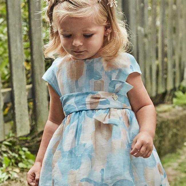 Picture of Mayoral Girls Summer Cap Sleeve Occasion Dress  -  Blue Beige