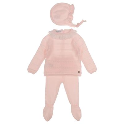 Picture of Juliana Baby Girls Knitted Lace Top Legging & Bonnet Set X 3 - Rosa Pink White