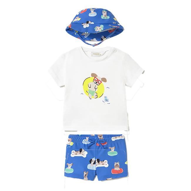 Picture of Mayoral Newborn Boys Puppies Top Swimshorts & Sunhat Set X 3 - Blue Multi