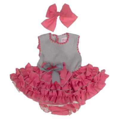 Picture of Ela Confeccion Girls Ruffle Summer Dress Panties Hairbow Set X 3 - Grey Fuschia