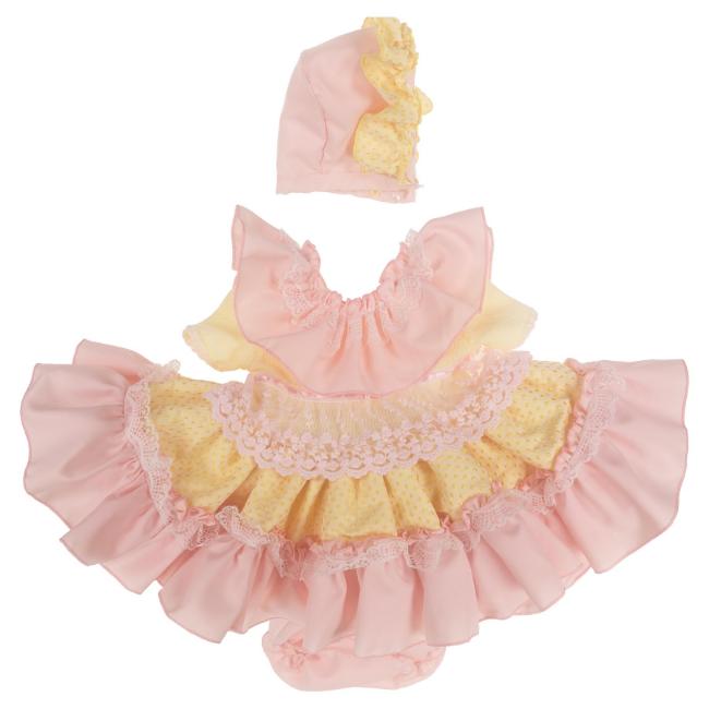 Picture of Ela Confeccion Girls Ruffle Dress Panties Bonnet Set X 3 - Lemon Pink