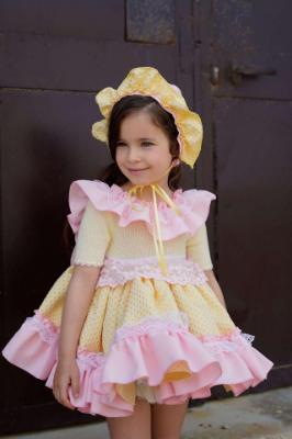 Picture of Ela Confeccion Girls Ruffle Dress Panties Bonnet Set X 3 - Lemon Pink