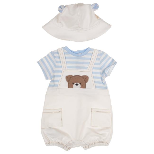 Picture of Mayoral Newborn Boys Teddy Dungaree & Hat Set - White Sky Blue