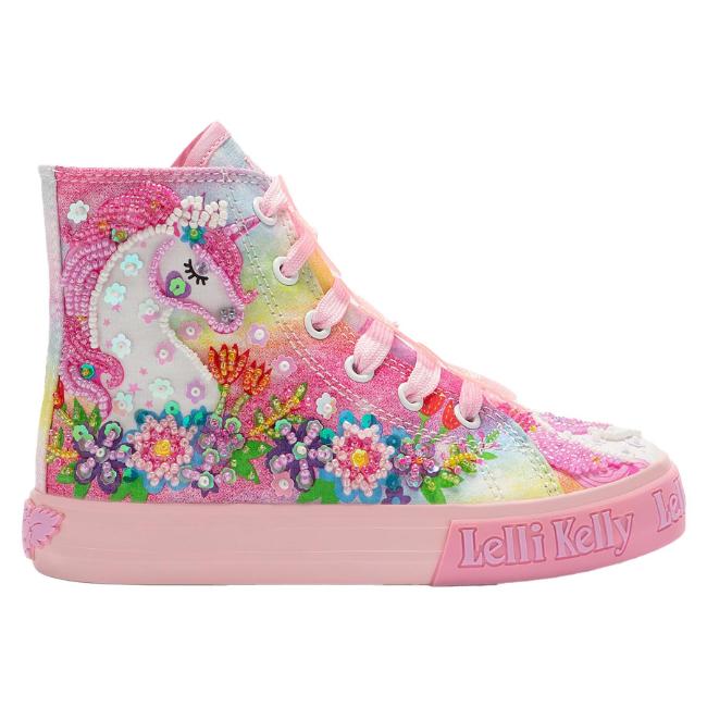 Picture of Lelli Kelly Unicorn & Flower Garland Mid Canvas  Boot With Inside Zip - White Fantasy