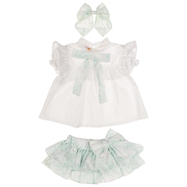 Picture of Puro Mimo Summer Collection Girls Blouse Skirted Jampants & Hairclip Set X 3 - White Mint Green