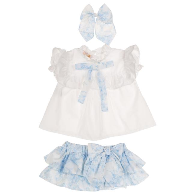 Picture of Puro Mimo Summer Collection Girls Blouse Skirted Jampants & Hairclip Set X 3 - White Pale Blue