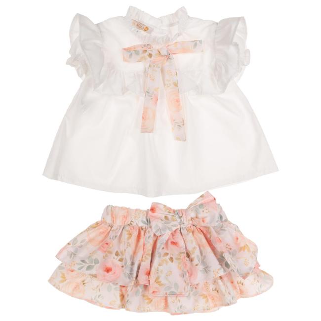 Picture of Puro Mimo Summer Collection Girls Blouse Skirted Jampants Set X 2 - White Peach Pink