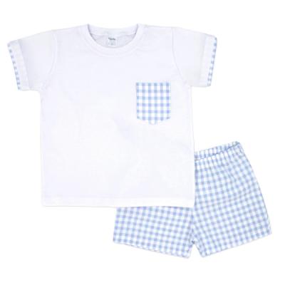 Picture of Rapife Summer Boys Gingham Pocket Top & Shorts Set - White Sky Blue 