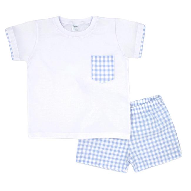 Picture of Rapife Summer Boys Gingham Pocket Top & Shorts Set - White Sky Blue 