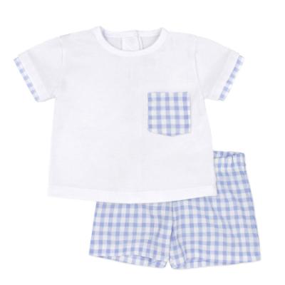 Picture of Rapife Summer Baby Boys Gingham Pocket Top & Gingham Pants Set - White Sky Blue