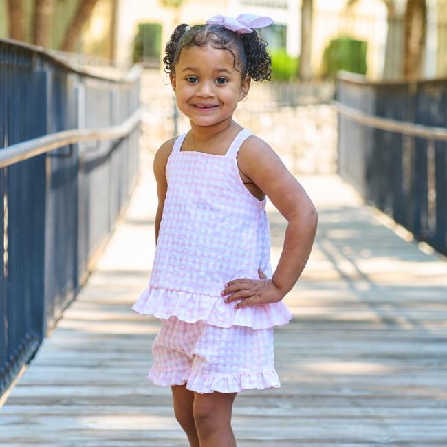 Picture of Rapife Summer Girls Gingham Ruffle Tunic & Shorts Set - White Pink