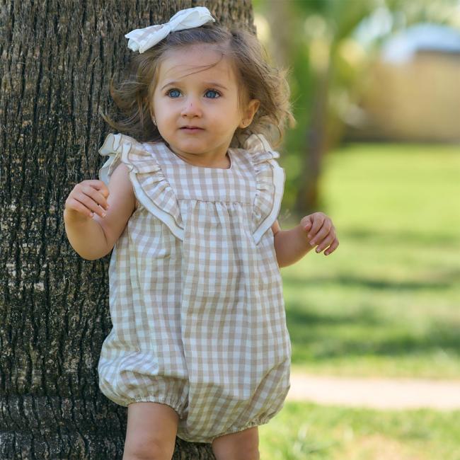 Picture of Rapife Summer Girls Gingham Ruffle Bodice Romper - White Beige 