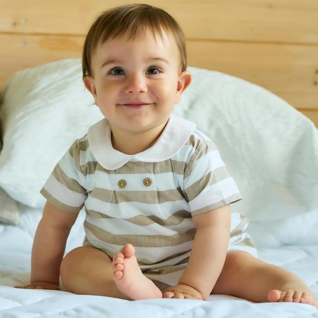 Picture of Rapife Summer Baby Boys Wide Stripe Romper - Beige White 