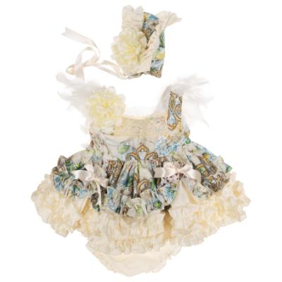 Picture of Ela Confeccion Girls Blanca Dress Panties Bonnet Set X 3 - Ivory Blue 