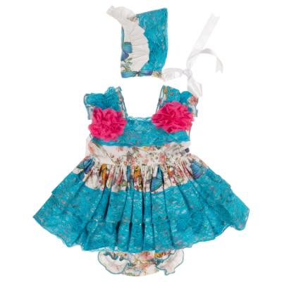 Picture of Ela Confeccion Girls Elsa Dress Panties Bonnet Set X 3 - White Turquoise Blue 