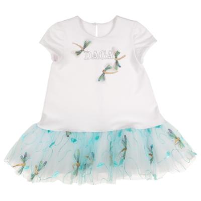 Picture of Daga Girls Dragonflies Tulle Hem Drop Waist Dress  - White Blue