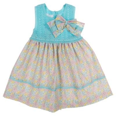 Picture of Foque Baby Girls Knitted Bodice Dress - Turquoise Pink Floral 