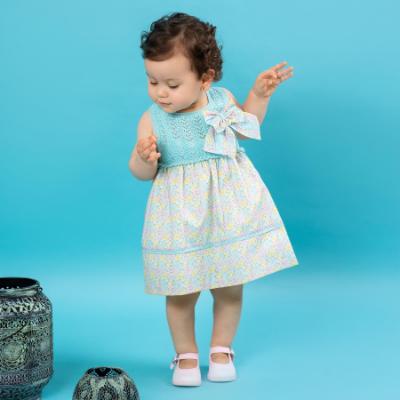 Picture of Foque Baby Girls Knitted Bodice Dress - Turquoise Pink Floral 